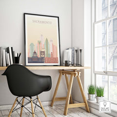 Sacramento Skyline Poster displayed in a stylish home office, showcasing iconic architectural beauty in pastel tones.