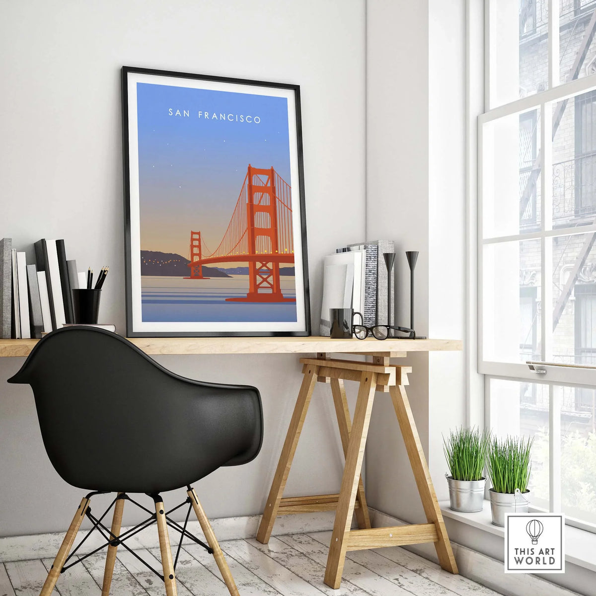 San Francisco print wall art poster featuring the Golden Gate Bridge in a stylish interior setting.