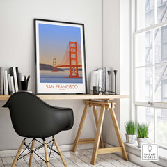 San Francisco Print Poster featuring the Golden Gate Bridge in a stylish home office setting.