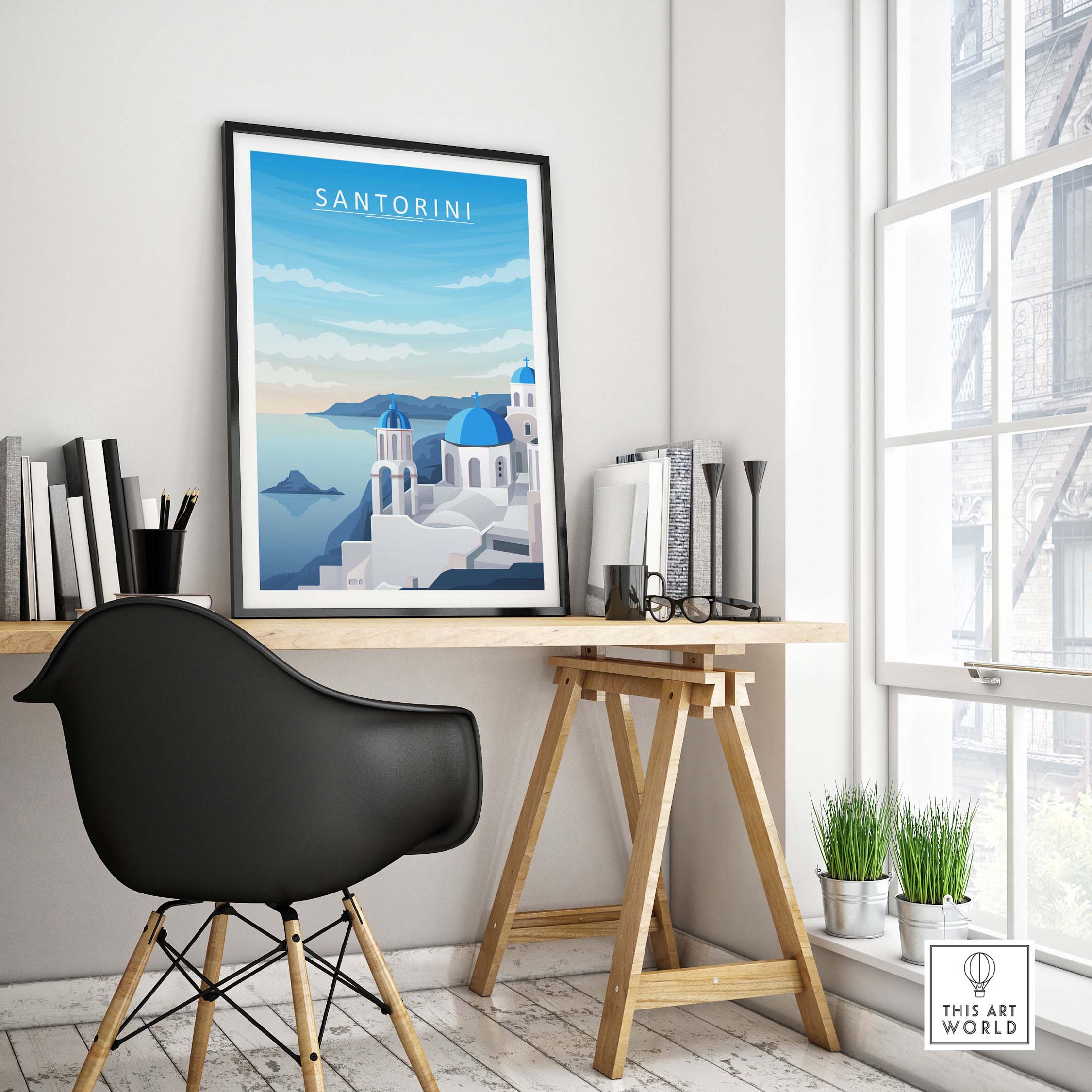 Santorini Print Wall Art displayed in a modern office setting, highlighting minimalist travel inspiration.