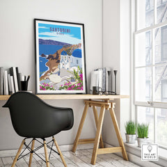 Santorini poster print wall art displayed in a stylish home office setting with modern decor.