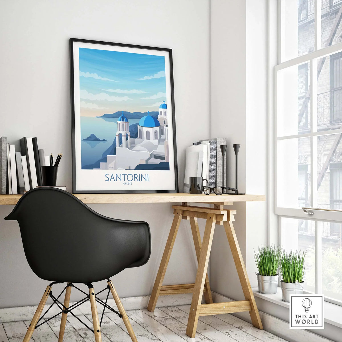 Santorini wall art print in a stylish office setting, featuring iconic blue domes and scenic views of Greece.