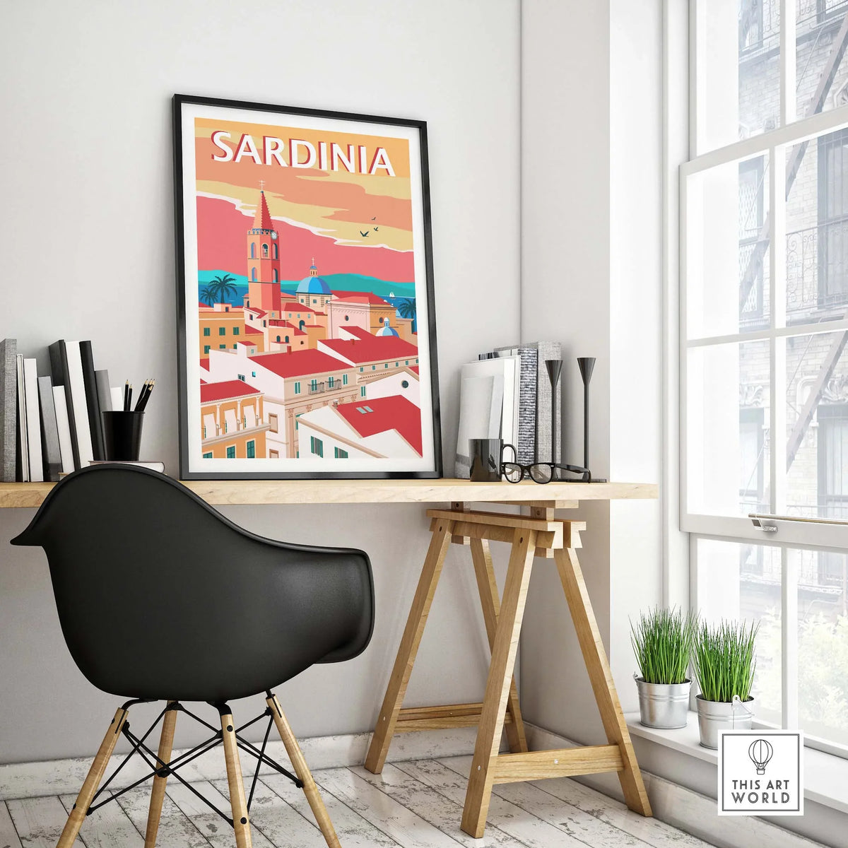Sardinia Poster Print displayed in a stylish office, featuring a minimalist travel design and bright, colorful artwork.