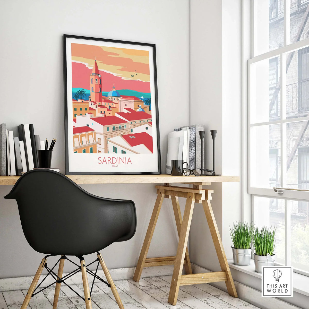 Sardinia Print Italy Travel Poster displayed in a stylish office setting with modern decor and natural light.