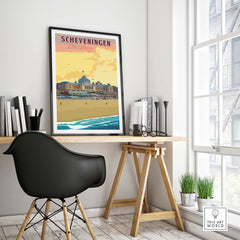 Scheveningen poster in a stylish home office, showcasing vintage Den Haag wall art with beach scene.