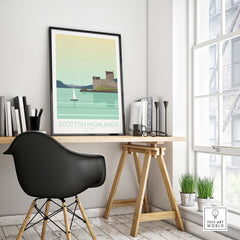 Minimalist Scottish Highlands art print in stylish home office setting, showcasing vintage travel-inspired decor.
