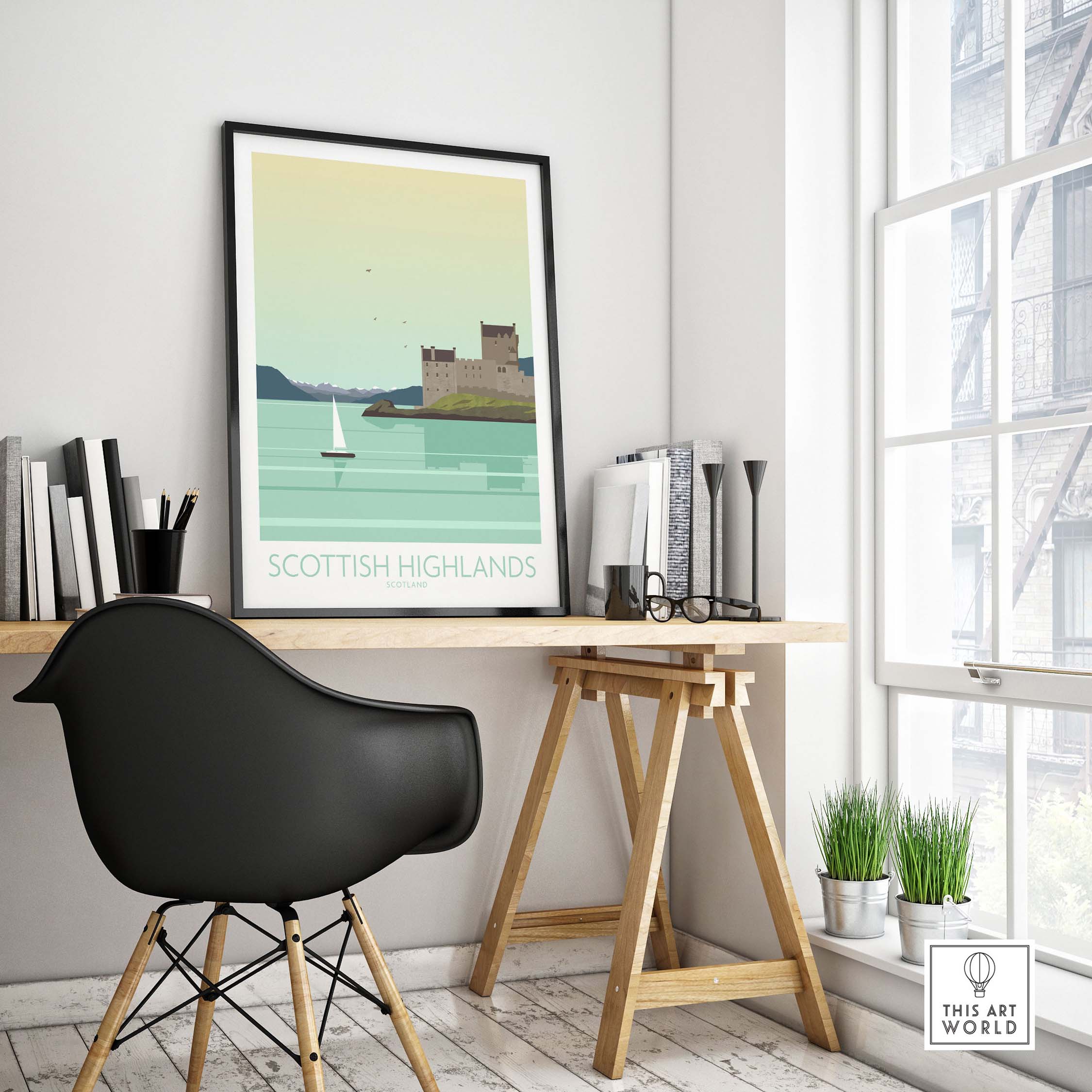 Minimalist Scottish Highlands art print in stylish home office setting, showcasing vintage travel-inspired decor.