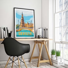 Seville vintage print poster in stylish office setting, showcasing nostalgic travel art for home decor.
