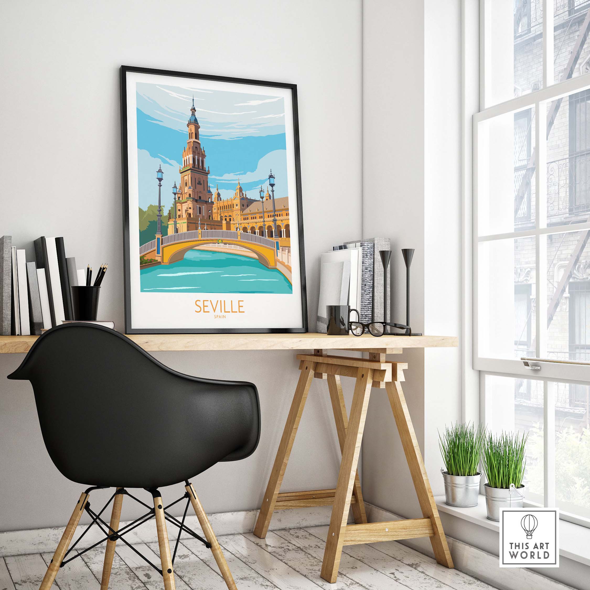 Seville Poster Travel Print displayed on a desk, featuring a vintage-inspired design of Seville, Spain.