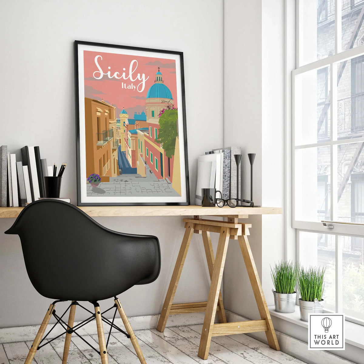 Sicily Print Italy Poster in a stylish home office setting, showcasing vintage travel art inspiration.