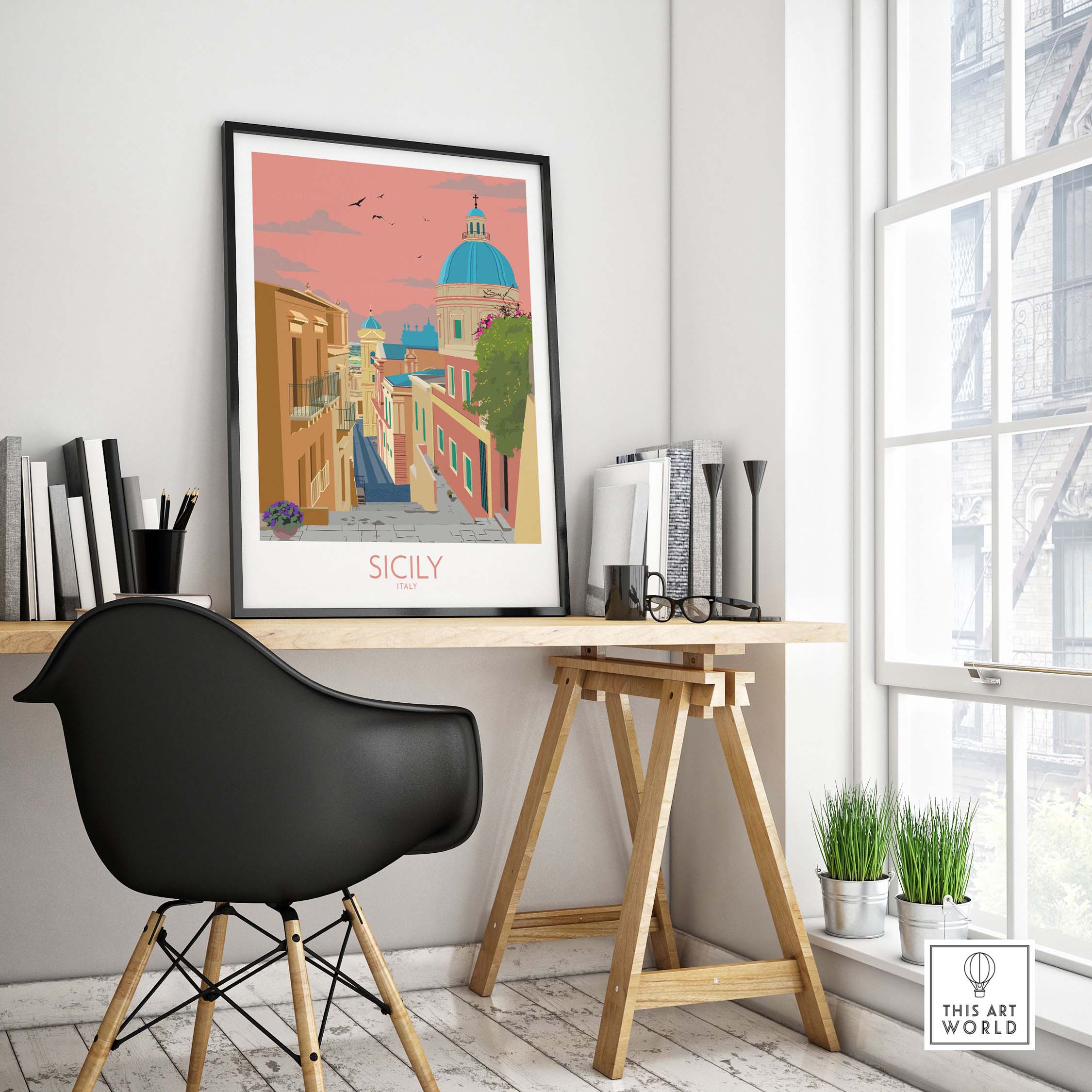 Sicily Poster Italy Wall Art Print displayed in a modern office with stylish decor and a view of vibrant streets.