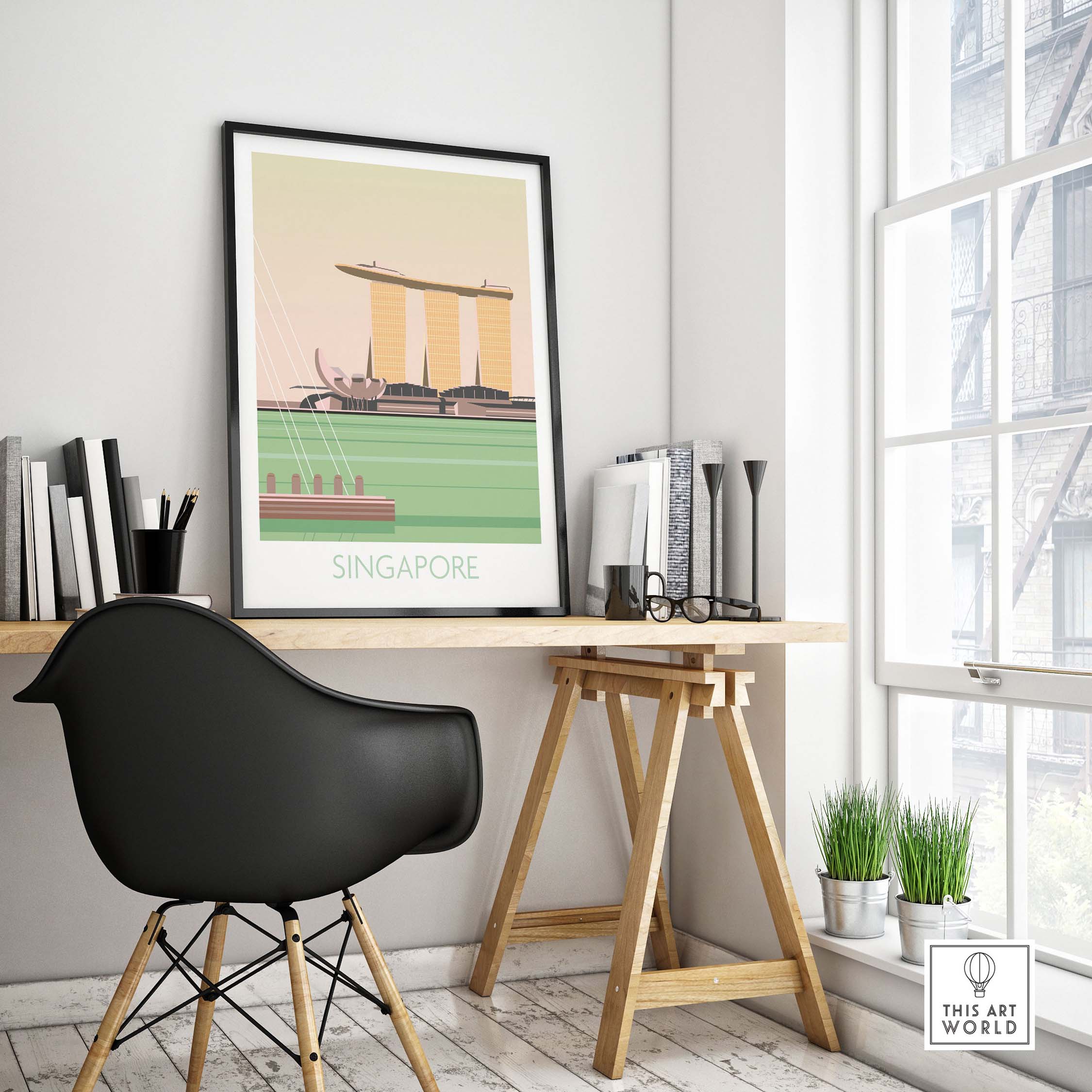 Stylish Singapore print travel poster displayed in a bright office setting, showcasing iconic landmarks.