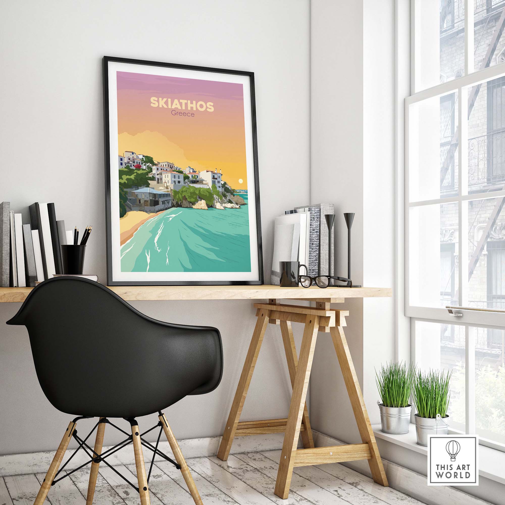 Skiathos travel poster print displayed in a stylish office setting, showcasing minimalist vintage design.