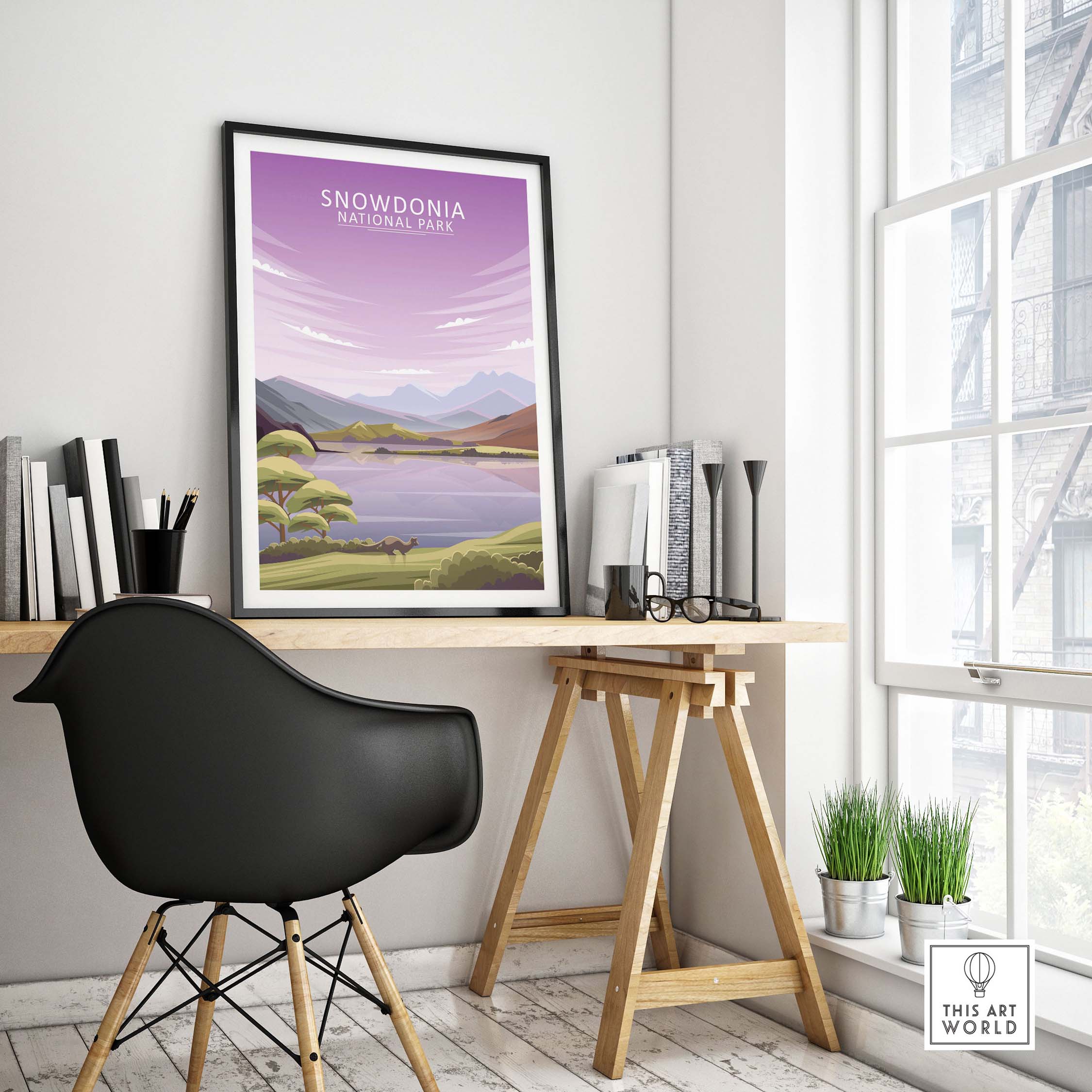 Snowdonia National Park print displayed in a minimalist home office with stylish decor.