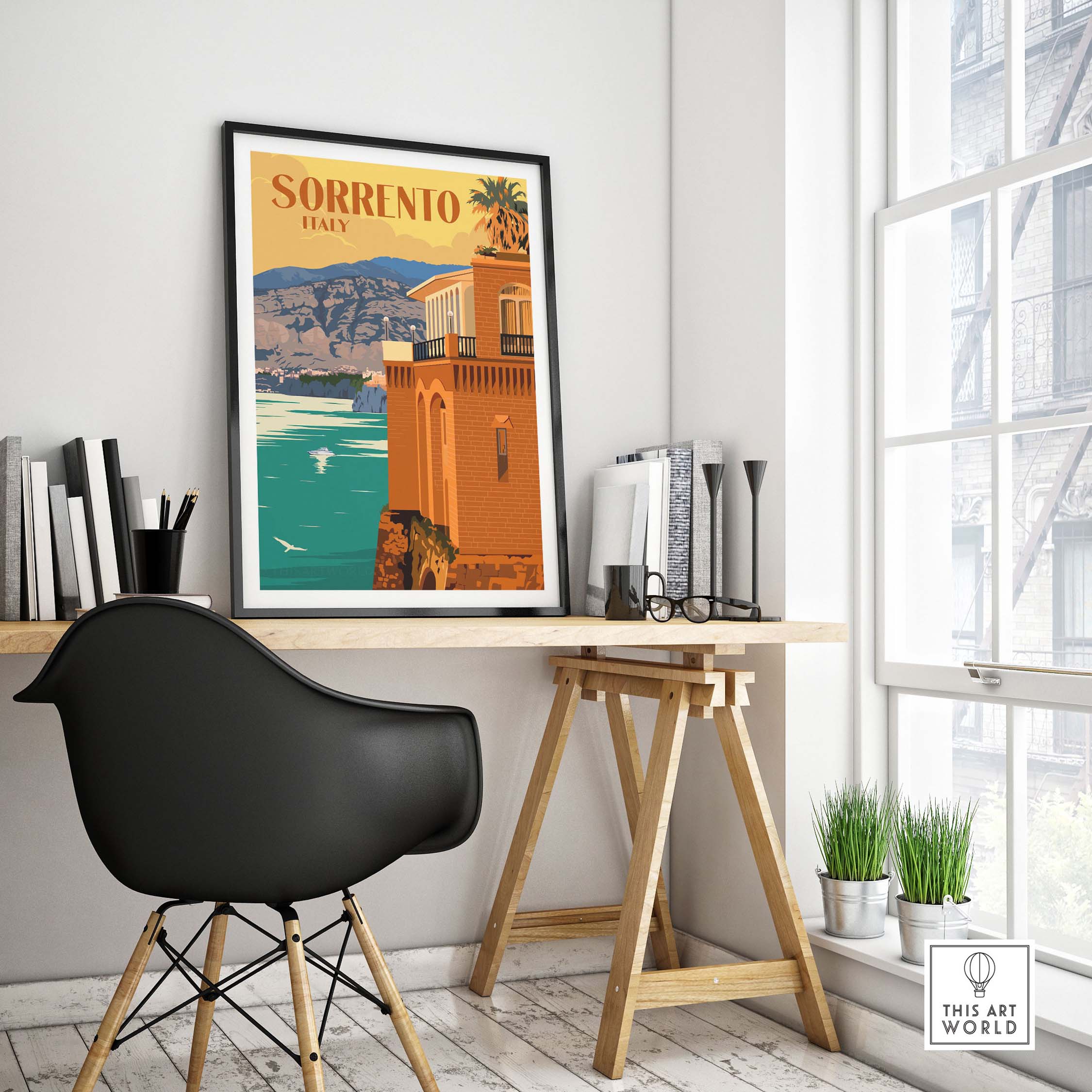 Sorrento Poster Print Wall Art displayed in a stylish home office setting featuring Italian landscape design.