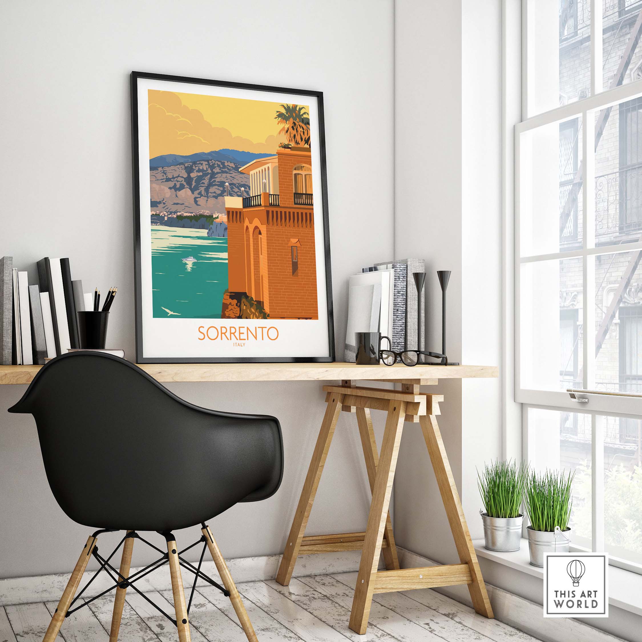 Sorrento Poster Travel Print displayed in a stylish workspace, showcasing Bay of Naples and vintage travel art.