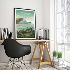 South Downs National Park poster displayed in a modern office setting with stylish decor.
