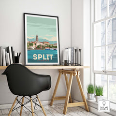 Split Croatia Print Poster Wall Art framed on a desk, inspiring travel wanderlust with a vintage design.