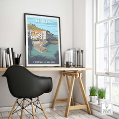 St Ives Poster Cornwall Print featuring a coastal scene, stylish decor for home or office, minimalist travel art.