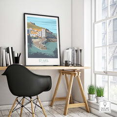 Cornwall Poster St Ives Print in stylish interior setting, showcasing vintage travel art for home decor.