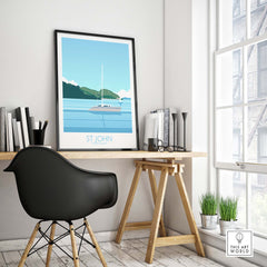 Virgin Islands Poster St John Print displayed in a modern home office, featuring a serene coastal landscape and sailboat.