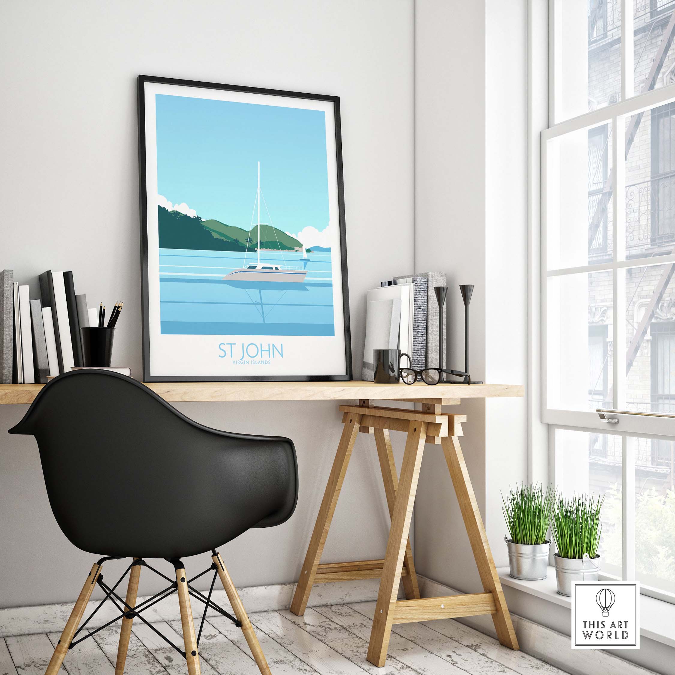 Virgin Islands Poster St John Print displayed in a modern home office, featuring a serene coastal landscape and sailboat.