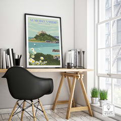 St Michael's Mount print in a stylish room, showcasing vintage travel art and decor inspiration.
