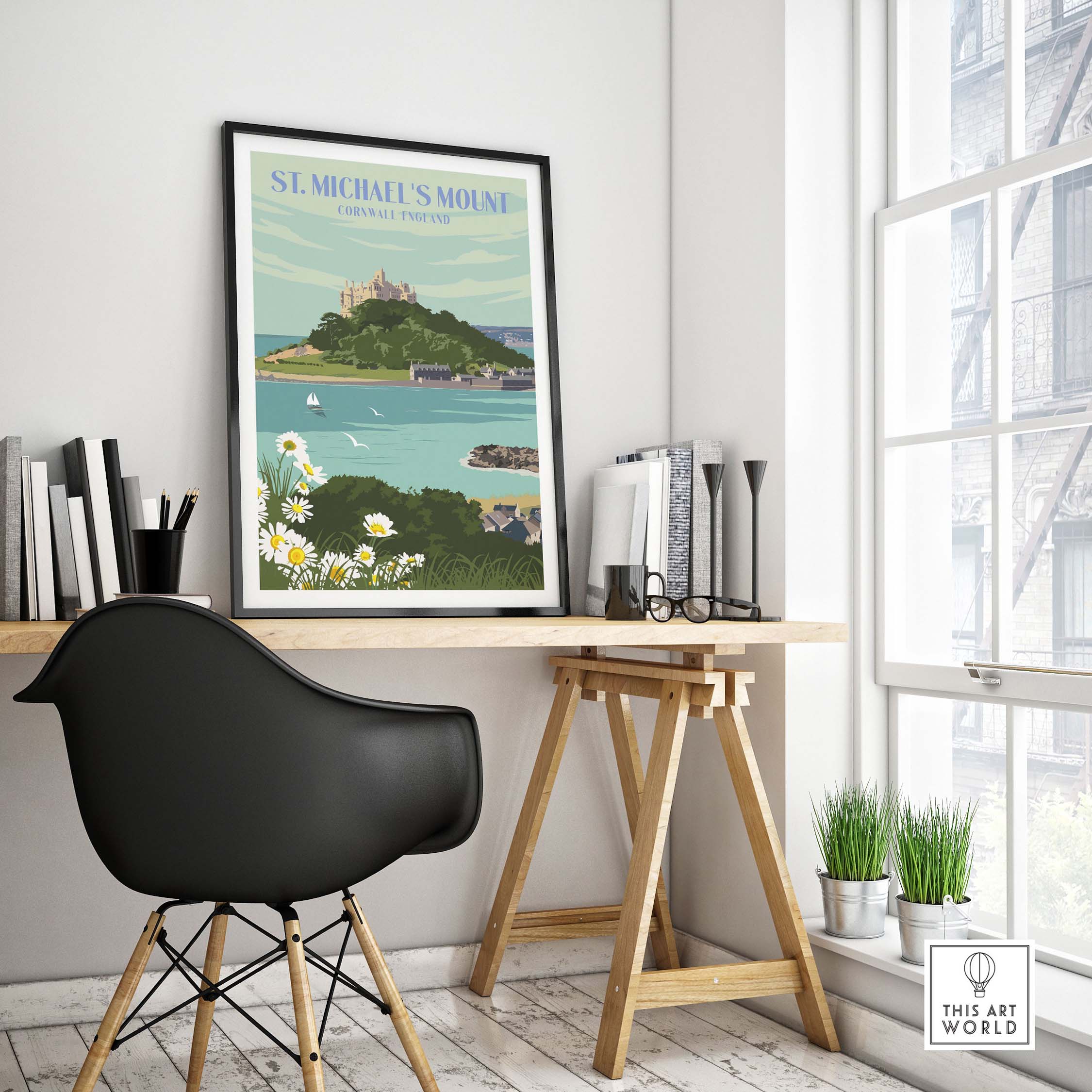 St Michael's Mount print in a stylish room, showcasing vintage travel art and decor inspiration.