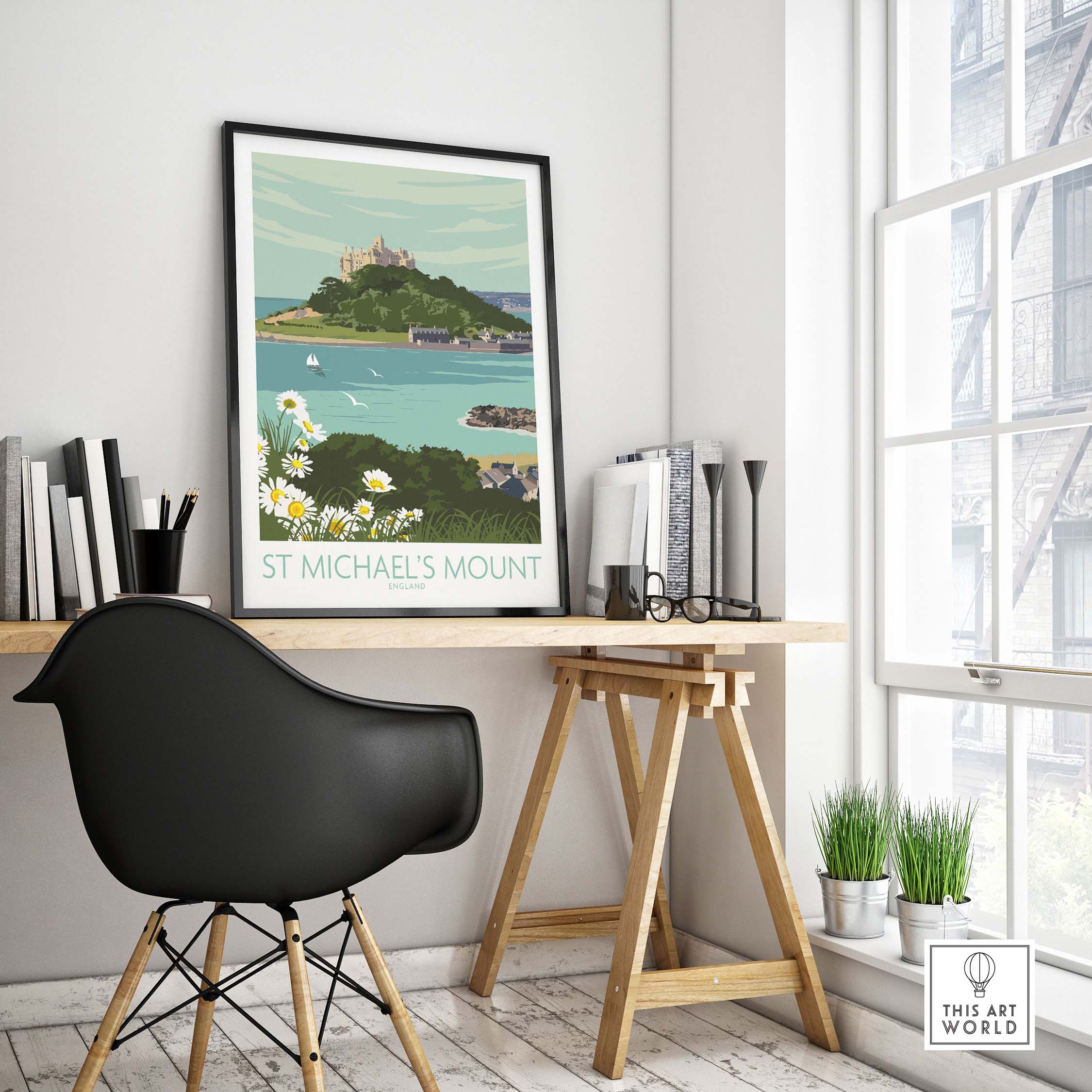 Cornwall Print of St Michael's Mount art displayed in a stylish workspace, highlighting coastal scenery and vintage design.