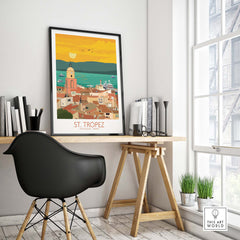St Tropez Poster Print on a desk showcasing vintage travel art in a stylish home office decor.