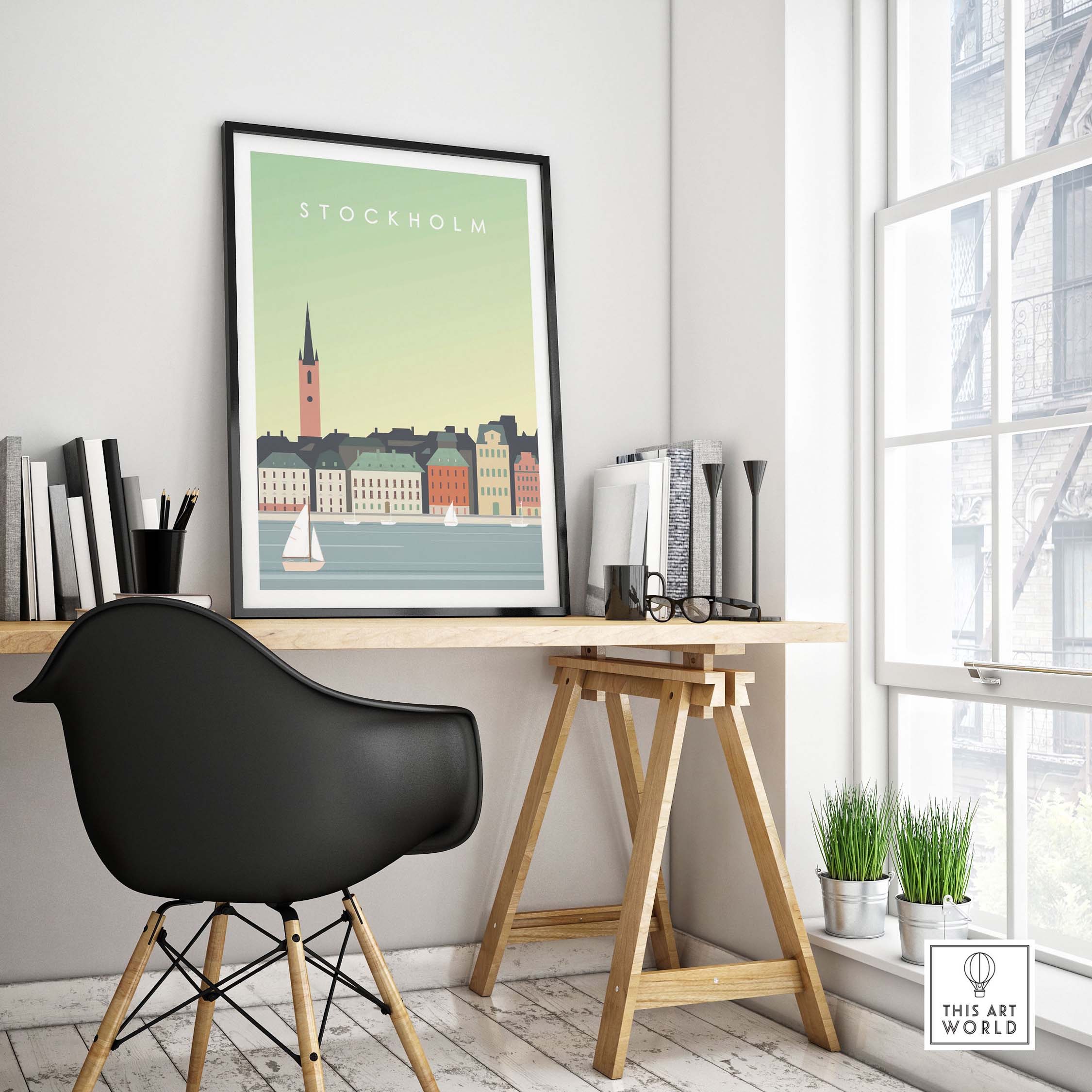 Stockholm Print Wall Art Poster in a stylish home office setting with a modern chair and wooden desk.