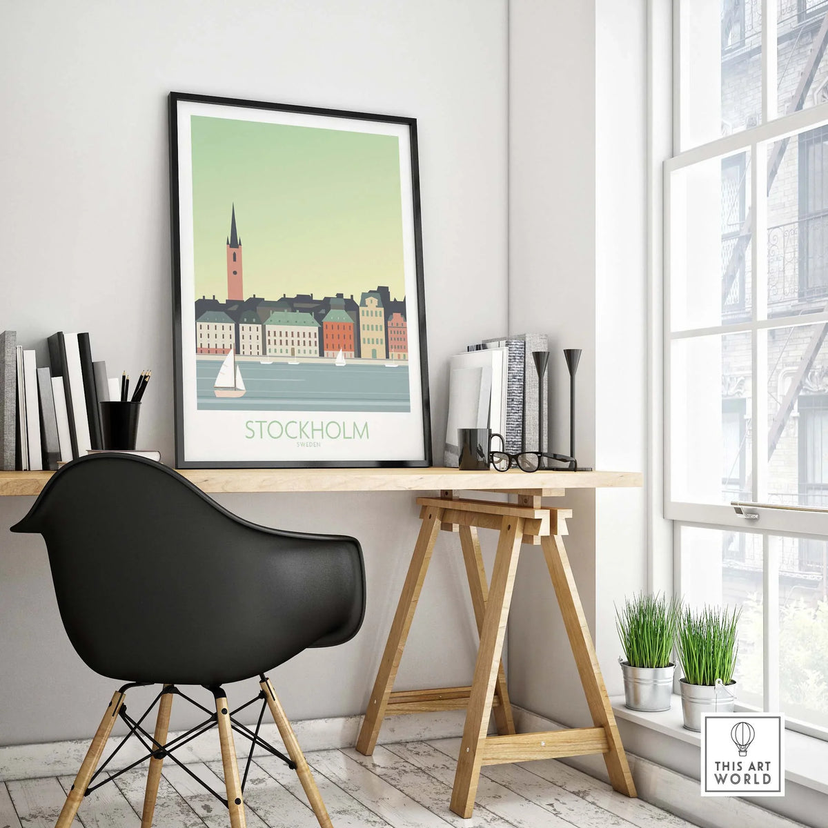 Stockholm Print poster displayed in a stylish workspace, capturing the essence of Swedish travel art.