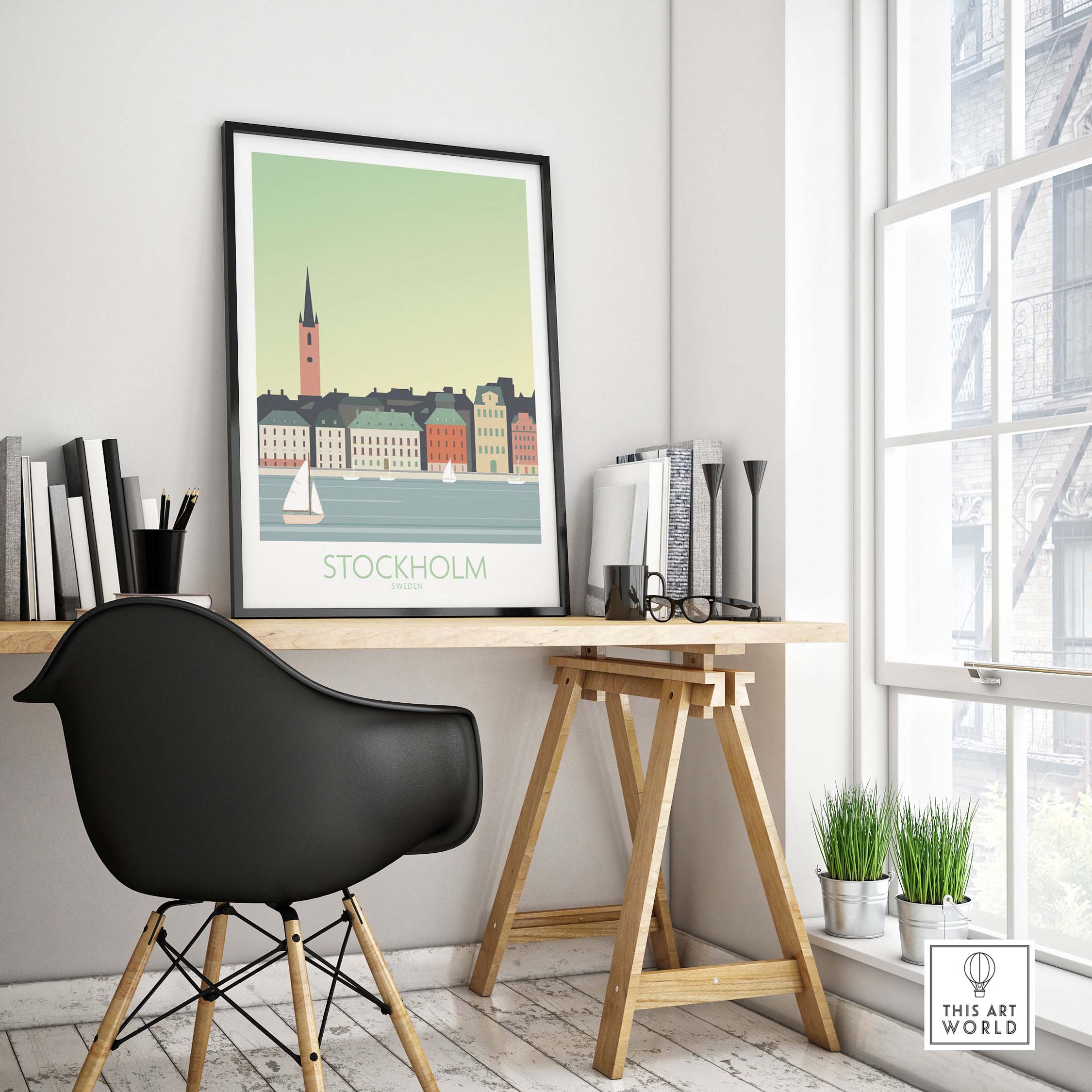 Stockholm Print poster displayed in a stylish workspace, capturing the essence of Swedish travel art.