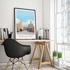 Stylish Stoke on Trent Print showcased in a modern office setting, featuring vintage travel poster design.