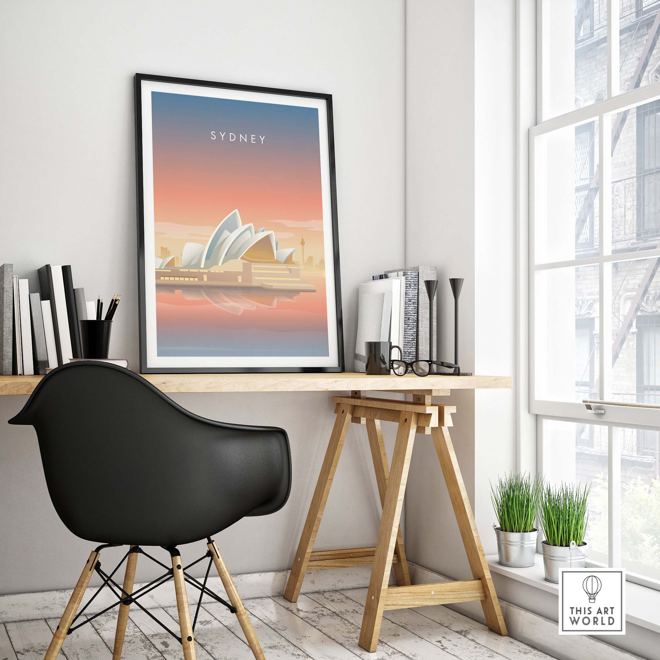 Sydney Wall Art Poster featuring Sydney Opera House in stylish workspace setting with natural light.