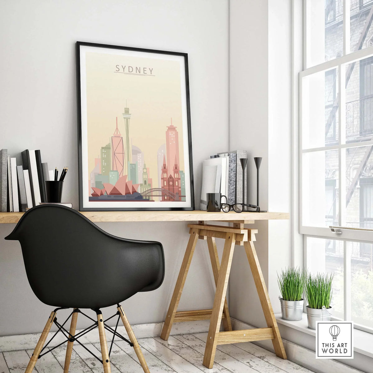 Sydney City Skyline print framed on wall, stylish workspace with chair and plants, showcasing warm pastel tones.