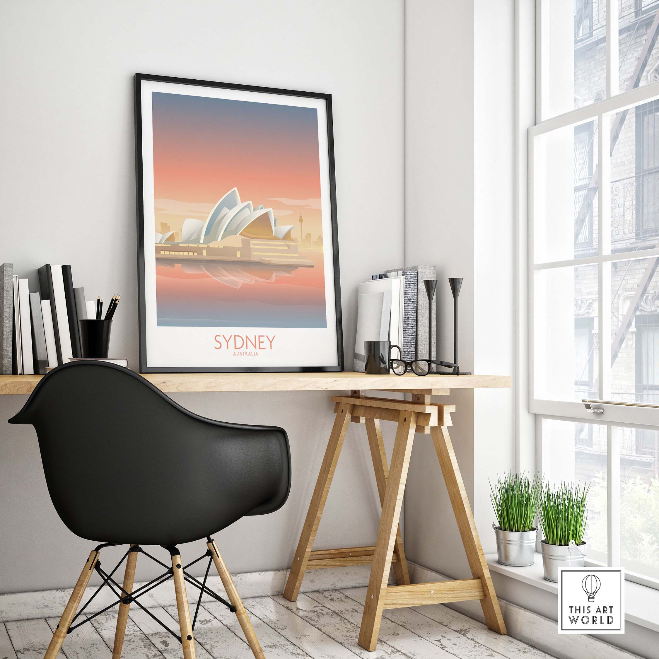 Sydney Australia Wall Art poster in stylish office setting, featuring iconic Sydney Opera House.