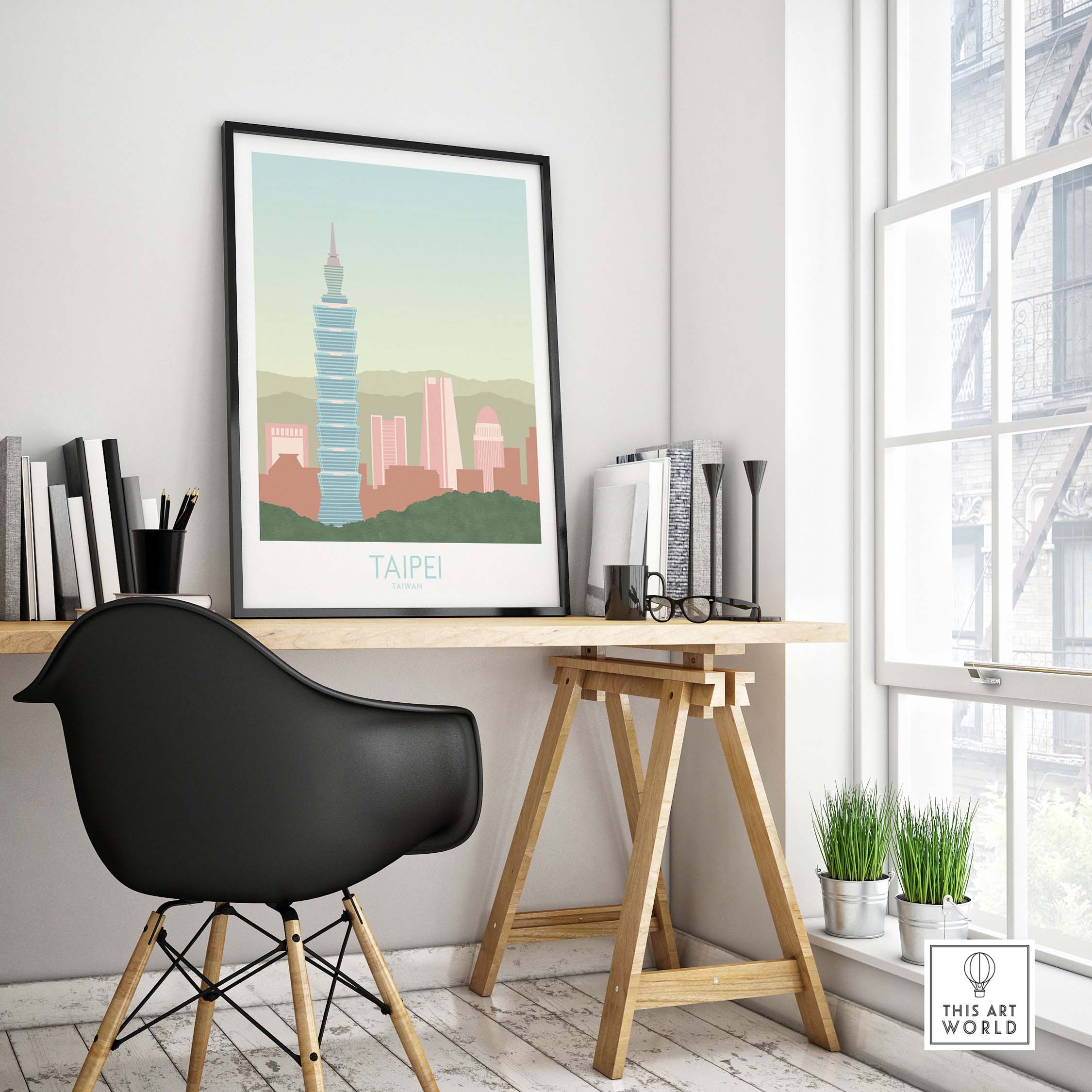 Taipei Print Taiwan Travel Poster displayed in a stylish office setting with modern furniture and natural light.