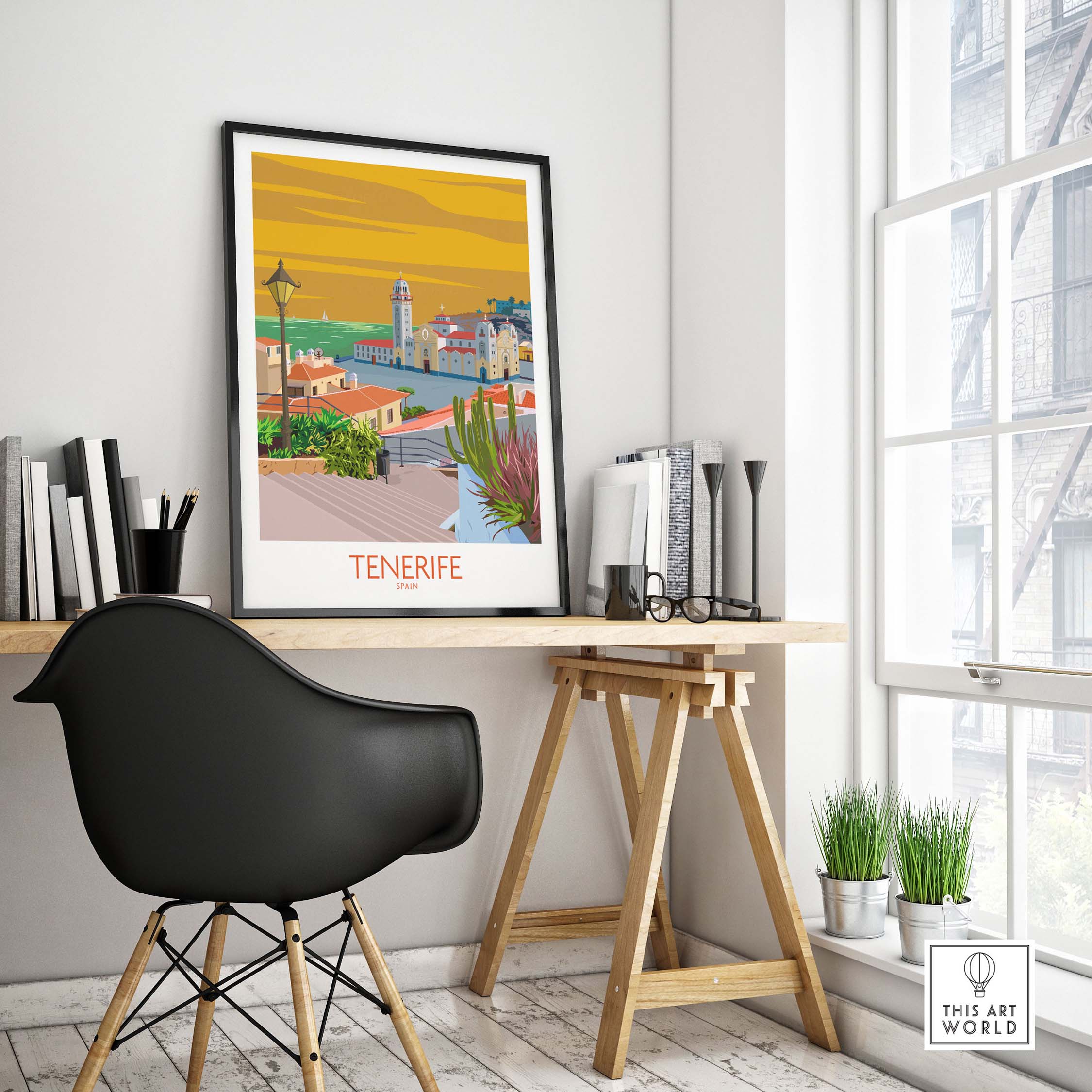 Tenerife poster print displayed on a desk, showcasing vibrant Canary Islands artwork with stylish decor.