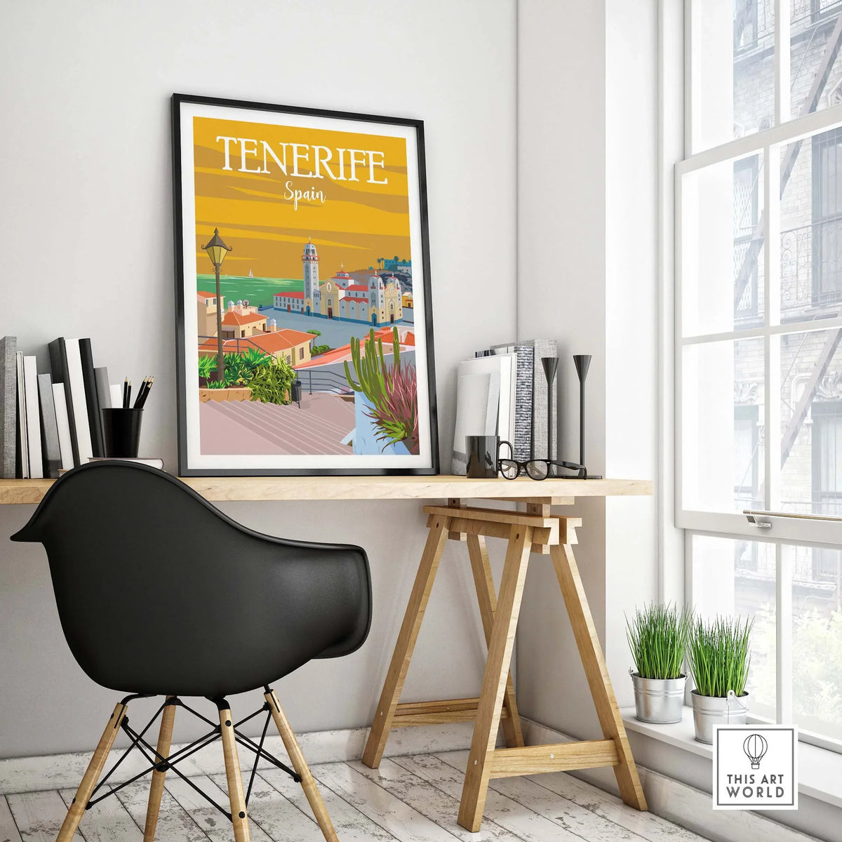 Tenerife Poster Print Wall Art displayed in a stylish home office interior with a black chair and natural light.
