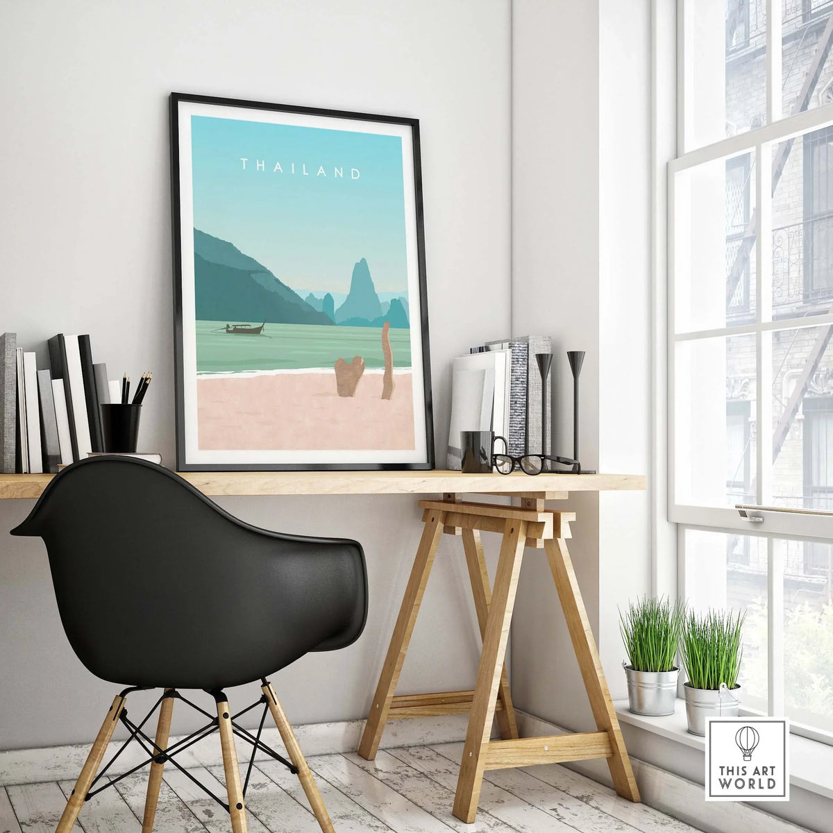 Thailand print wall art poster displayed in a modern office setting with stylish decor and natural light.