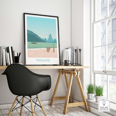 Thailand Print Travel Poster displayed in a stylish home office, showcasing tropical beach island art.