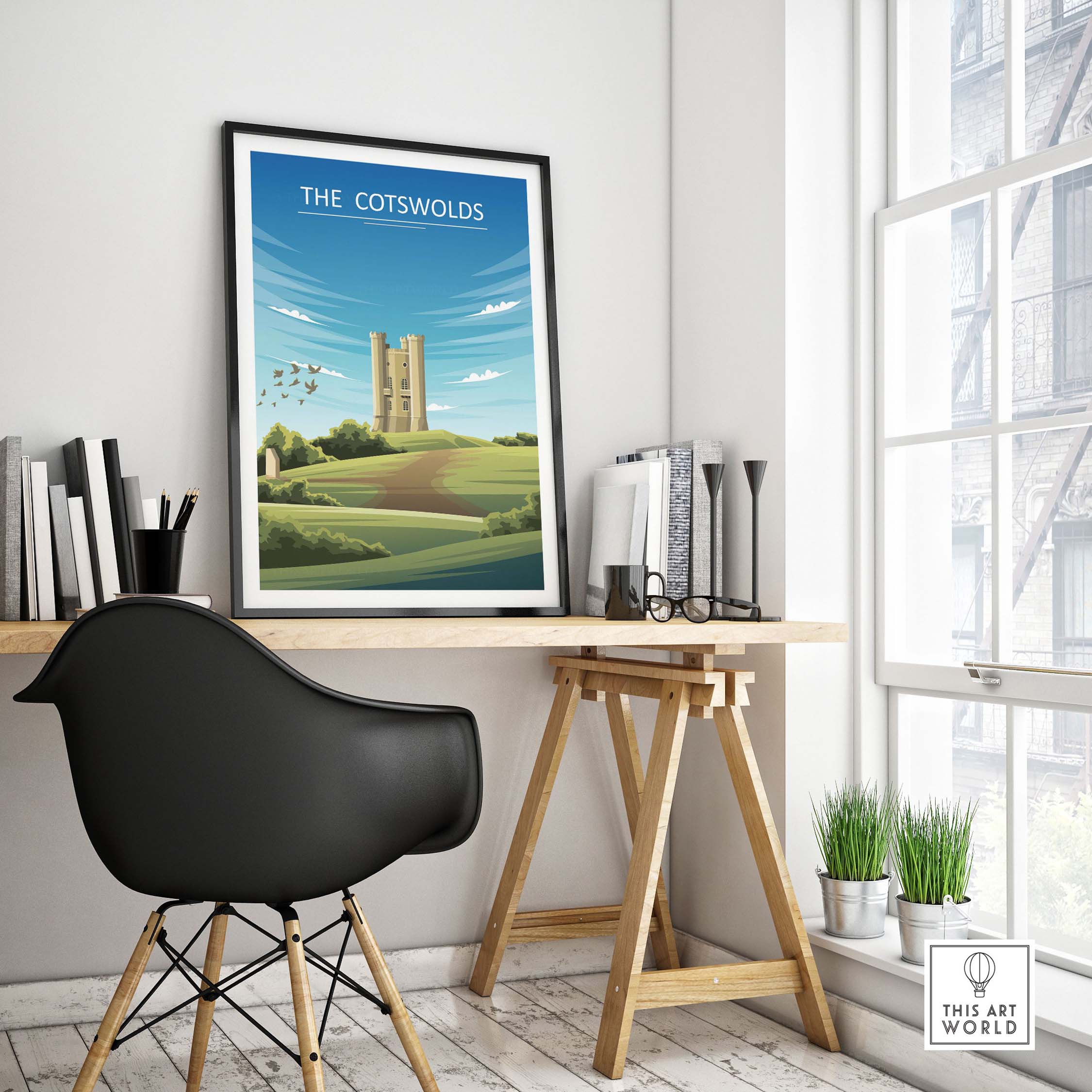 The Cotswolds Poster in a modern office setting, showcasing minimalist travel art for nature lovers.