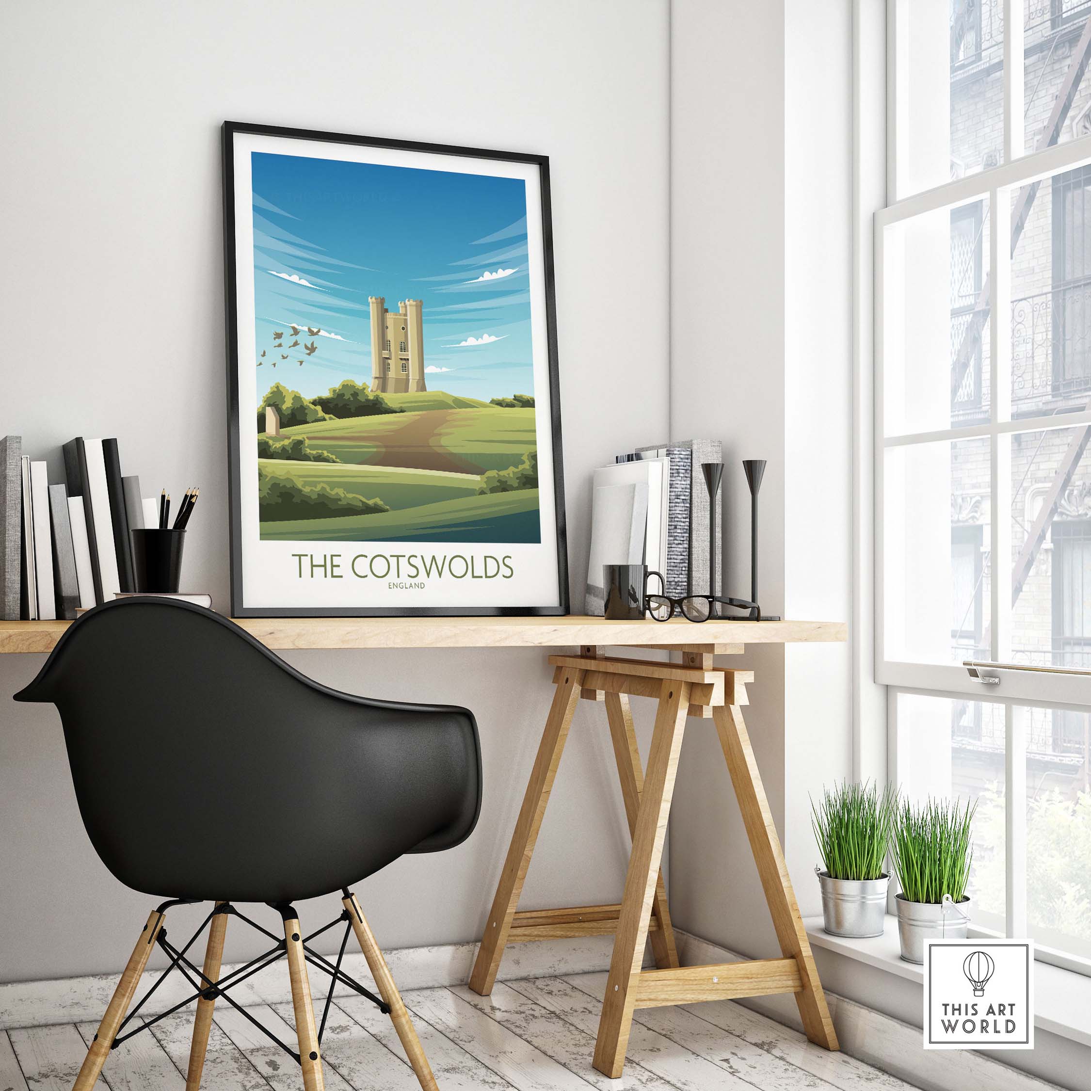 Decorative Cotswolds Print displayed in a stylish office setting, showcasing vintage travel art inspiration.