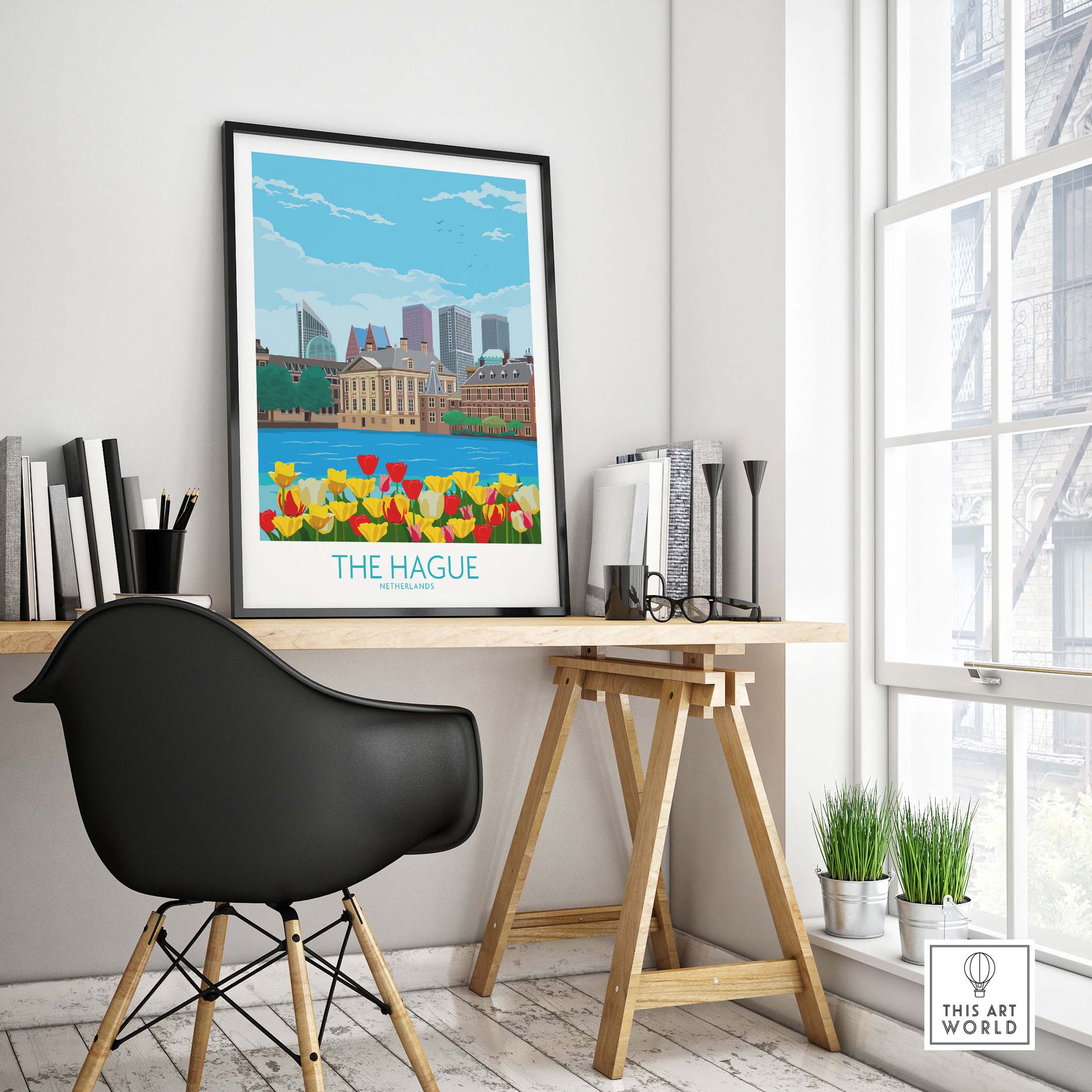 Stylish The Hague Netherlands poster in a modern office setting, featuring vibrant tulips and a serene cityscape.