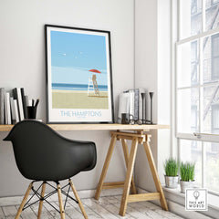 The Hamptons wall art framed in a stylish workspace, evoking travel nostalgia in a minimalist design.