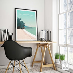 Philippines poster print wall art displayed in a stylish workspace, showcasing tropical beach scenery.