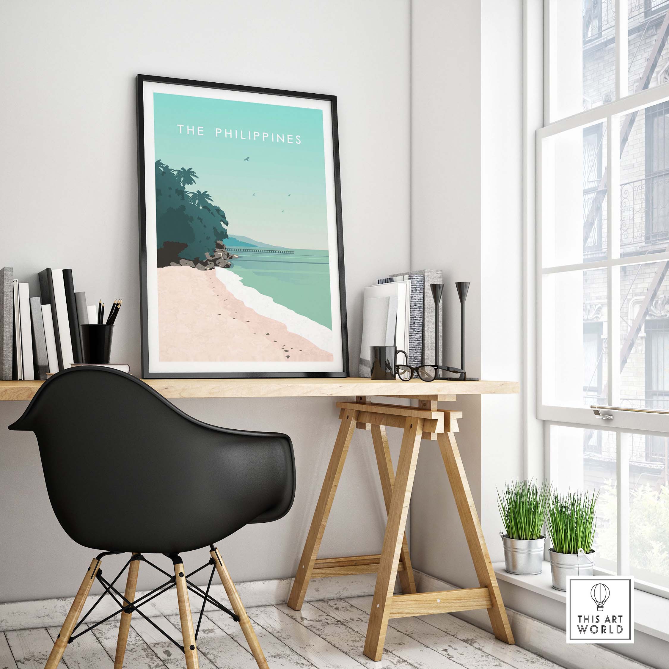 Philippines poster print wall art displayed in a stylish workspace, showcasing tropical beach scenery.