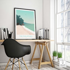 Philippines print travel poster displayed in a modern office setting with a desk and chair.