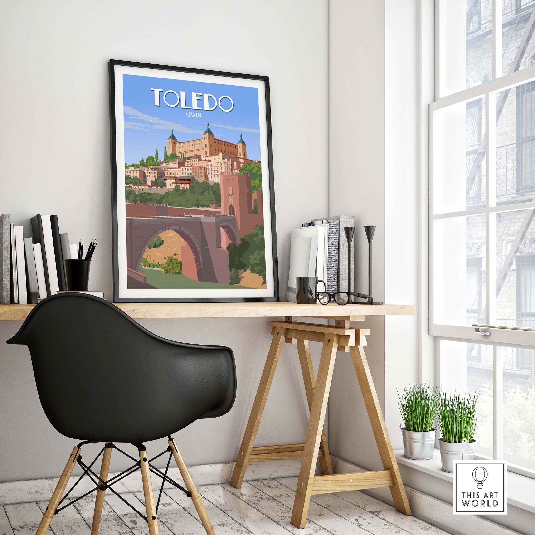Toledo Spain Poster displayed in a modern workspace, featuring a minimalist vintage design.